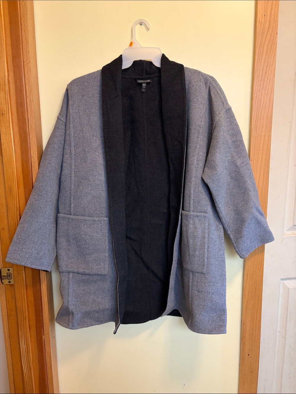 Eileen Fisher Gray Open-Front Coatigan with Black Trim
